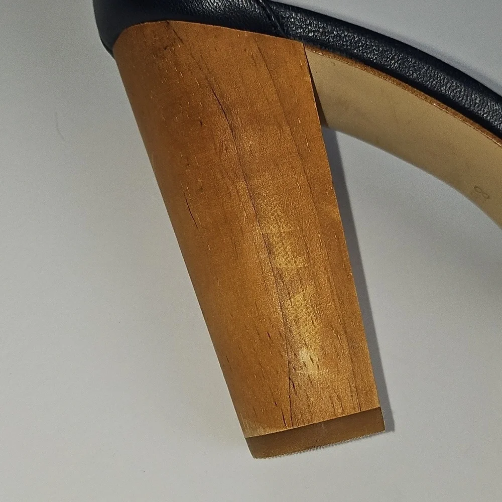 J. Crew Leather Navy Blue Open Toe Ankle Strap Wooden Block Heel Sandal